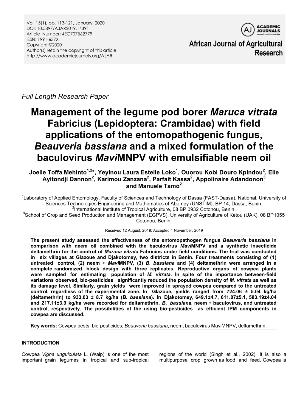 Management of the Legume Pod Borer Maruca Vitrata Fabricius