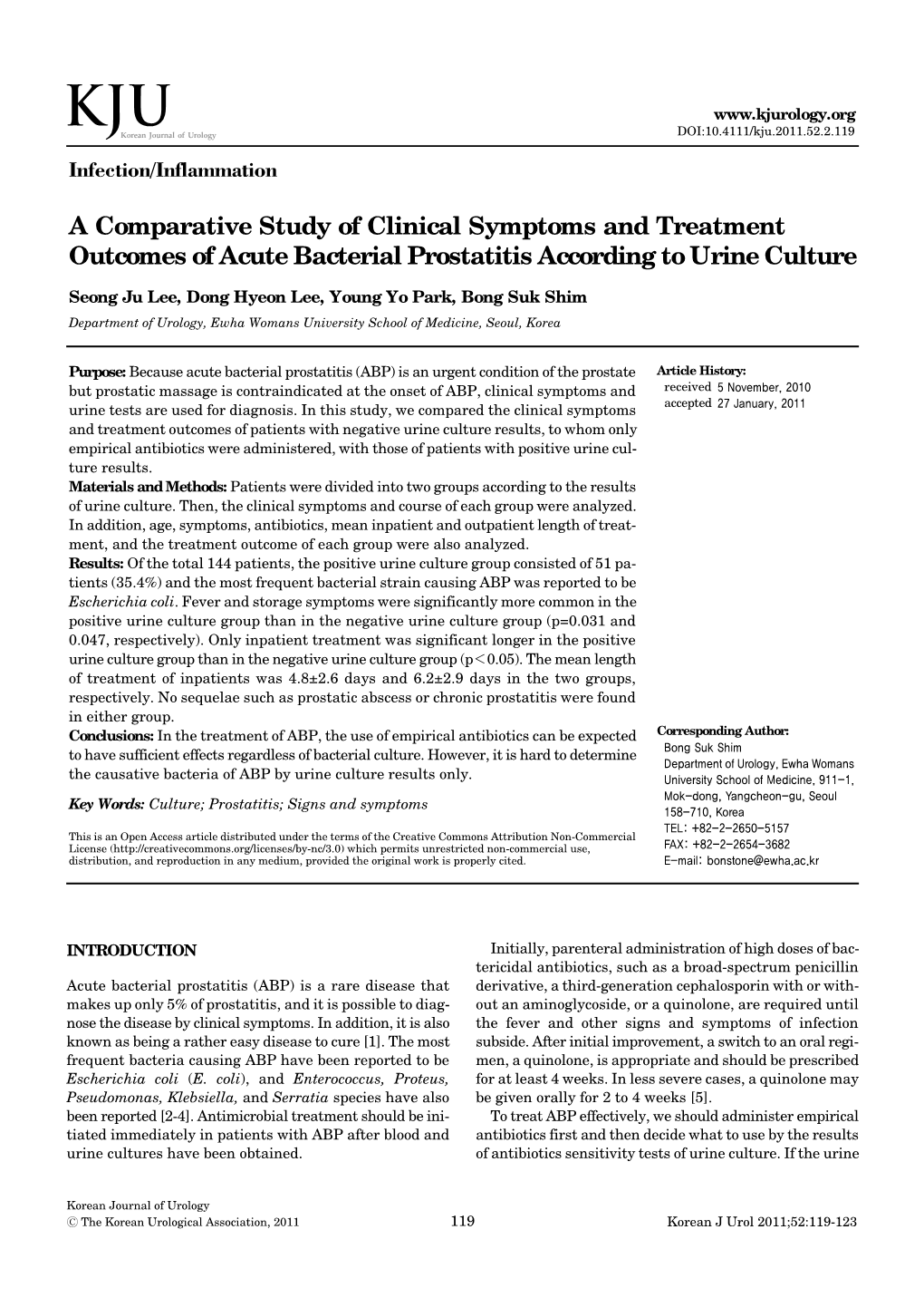 A Comparative Study of Clinical Symptoms and Treatment Outcomes of Acute Bacterial Prostatitis According to Urine Culture