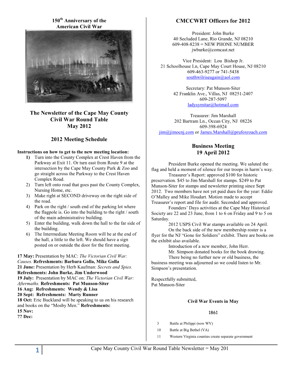 The Newsletter of the Cape May County Civil War Round Table May