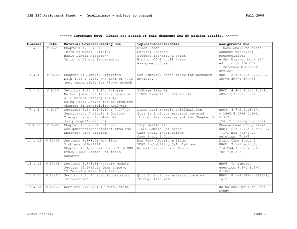 ISE 230 Assignment Sheet - (Preliminary - Subject to Change) Fall 2008