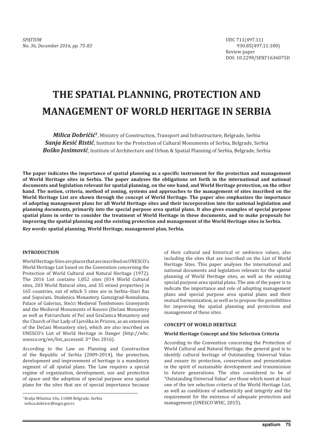 The Spatial Planning, Protection and Management of World Heritage in Serbia