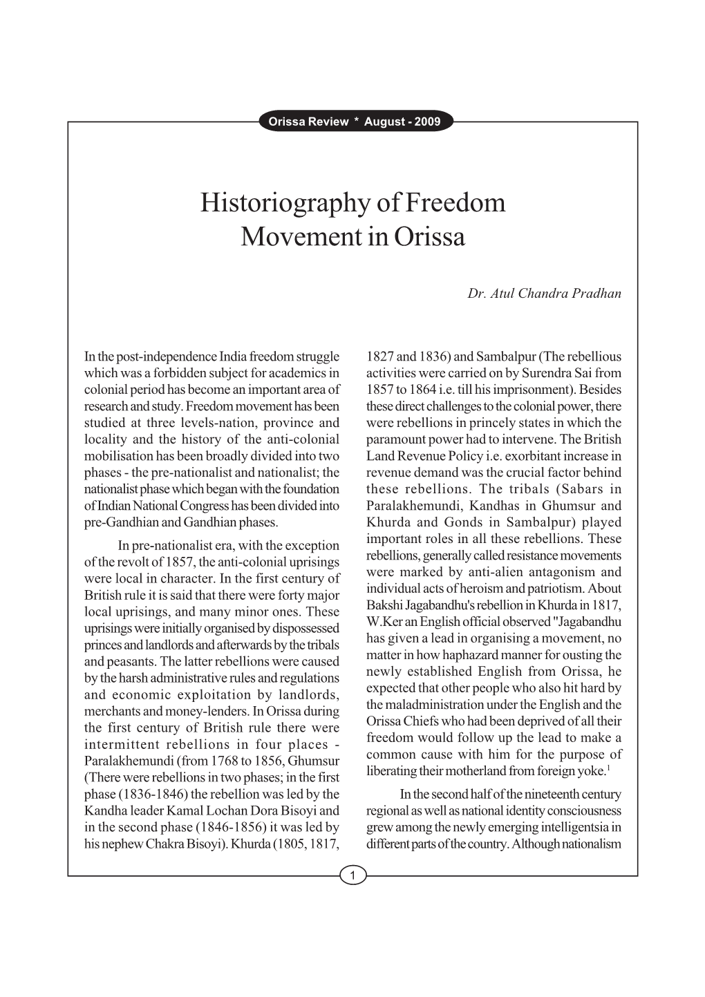 Historiography of Freedom Movement in Orissa