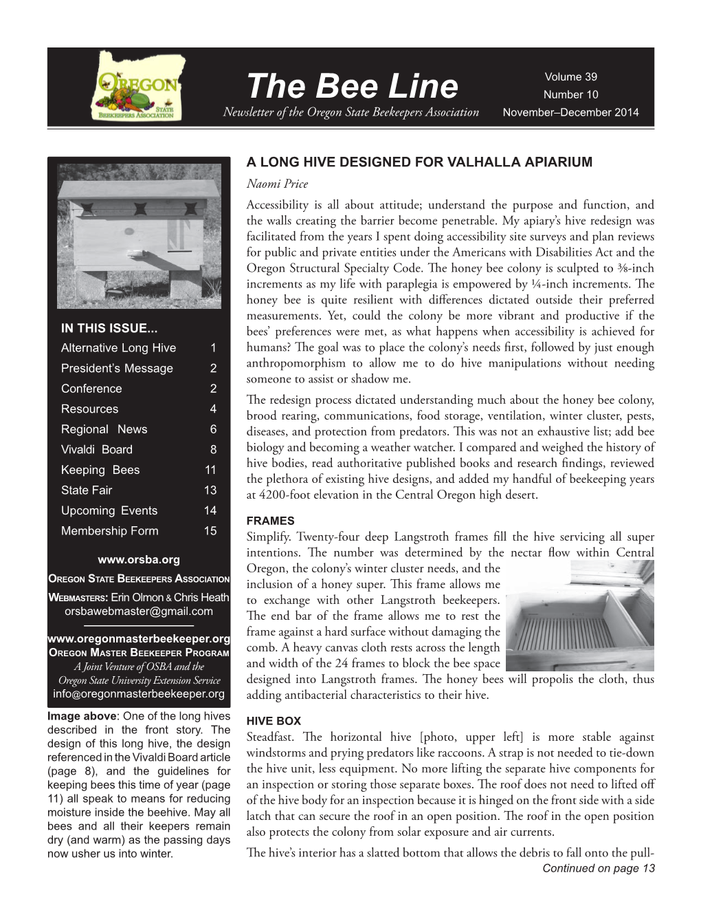 The Bee Line Number 10 Newsletter of the Oregon State Beekeepers Association November–December 2014