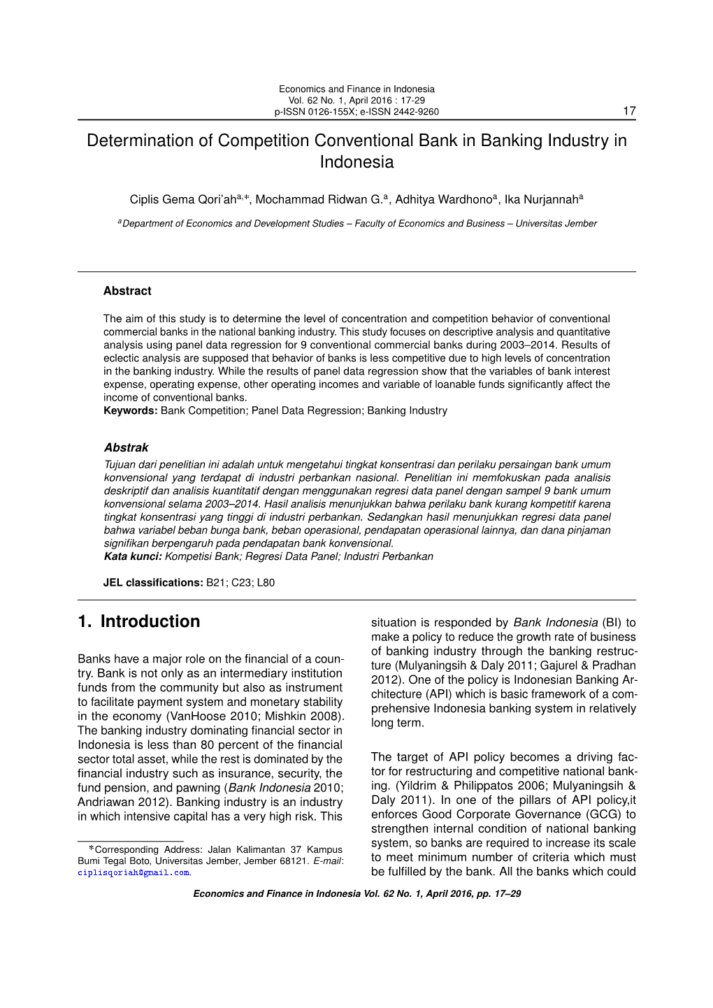 Determination of Competition Conventional Bank in Banking Industry in Indonesia 1. Introduction