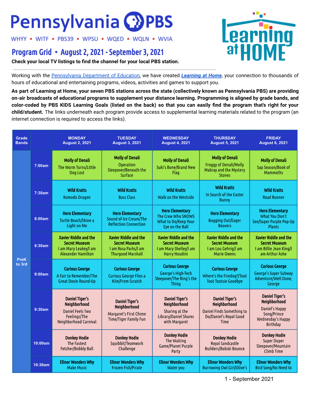 Program Grid • August 2, 2021 - September 3, 2021 Check Your Local TV Listings to Fnd the Channel for Your Local PBS Station