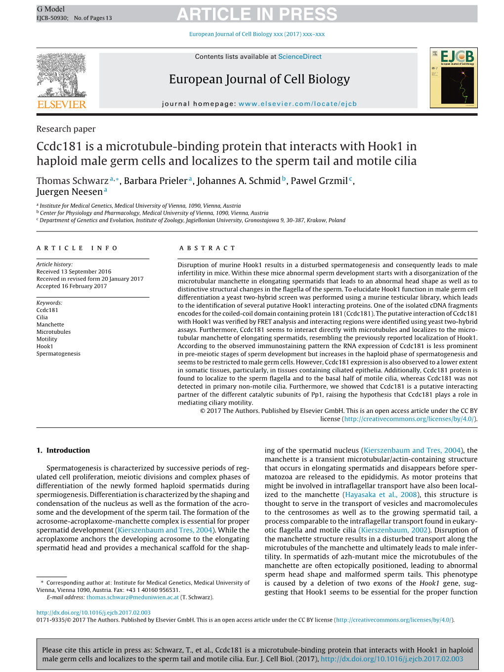 Ccdc181 Is a Microtubule-Binding Protein That Interacts with Hook1 In