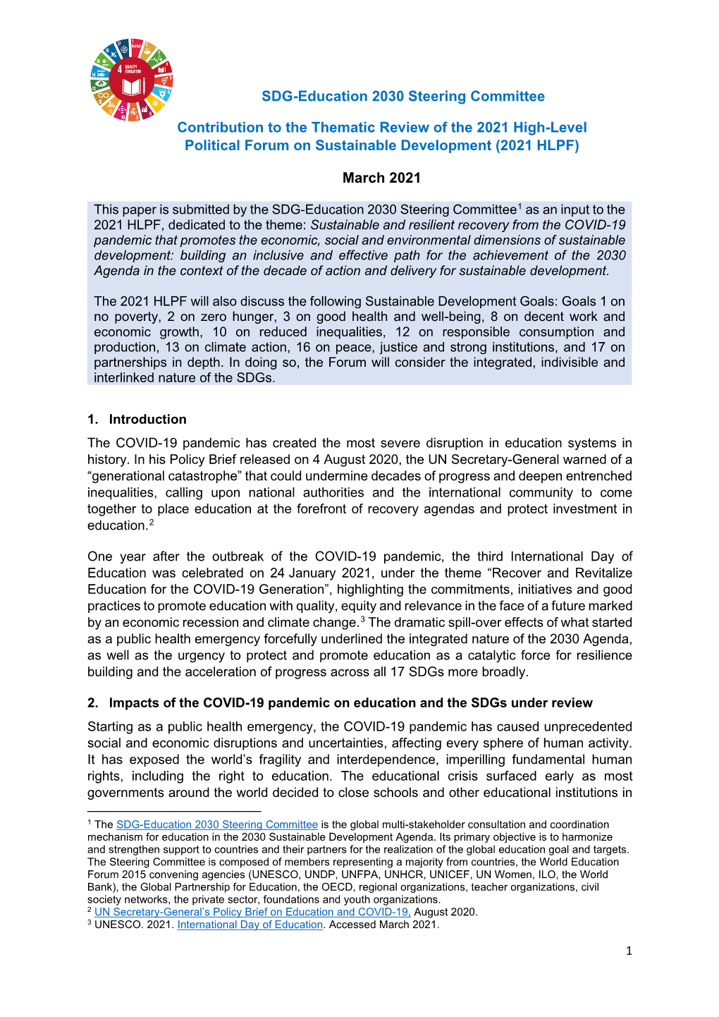 SDG4-Education 2030 Steering Committee Contribution to 2021 HLPF