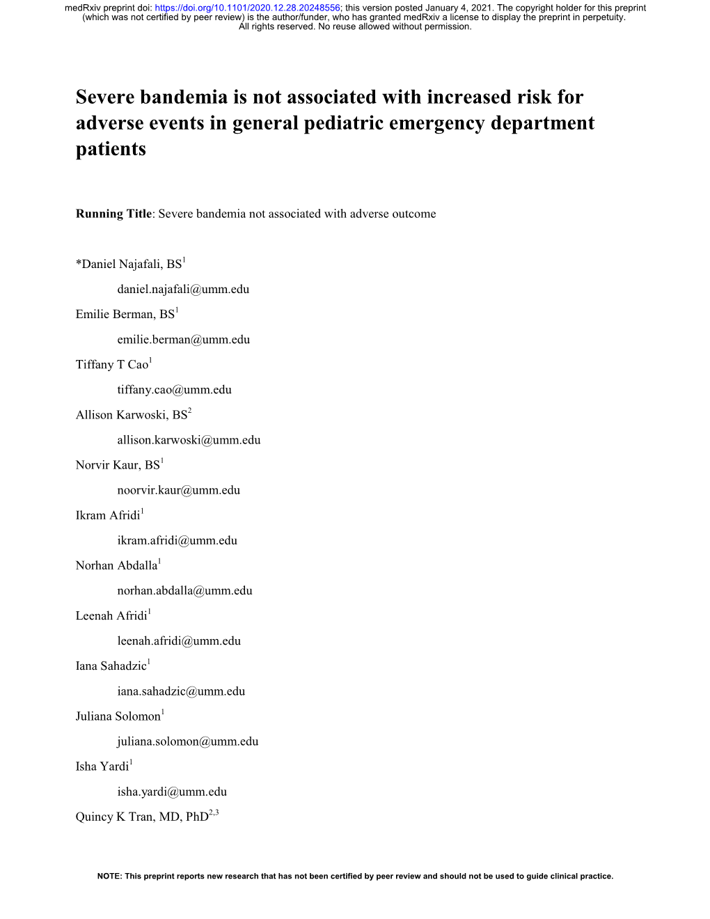 Severe Bandemia Is Not Associated with Increased Risk for Adverse Events in General Pediatric Emergency Department Patients