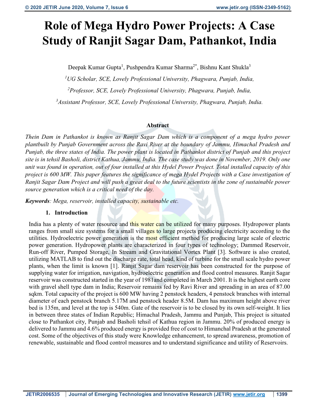 Role of Mega Hydro Power Projects: a Case Study of Ranjit Sagar Dam, Pathankot, India