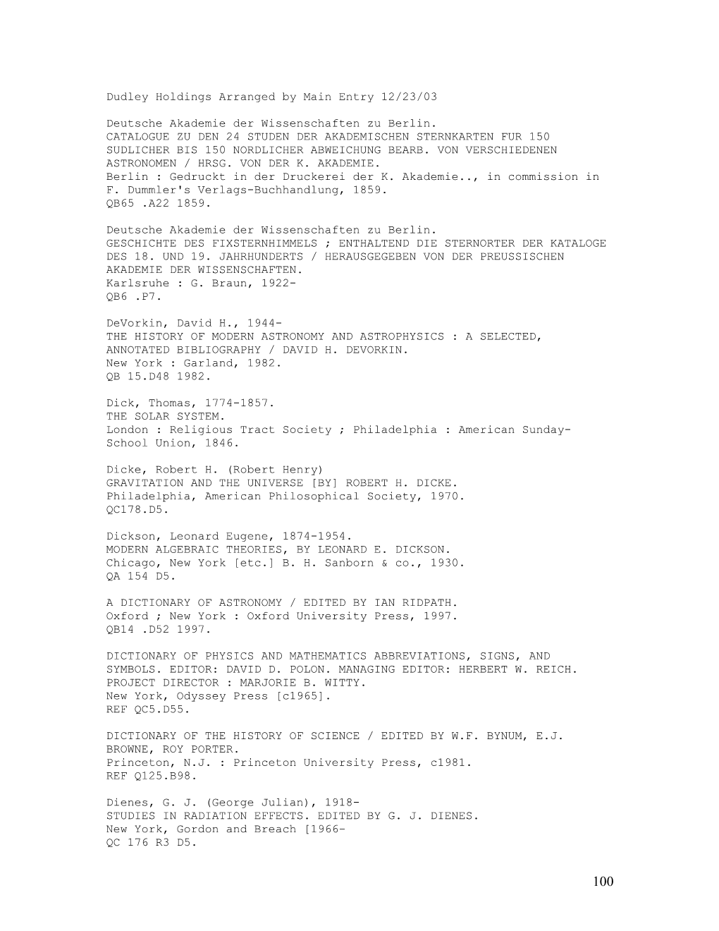 Dudley Holdings Arranged by Main Entry 12/23/03 Deutsche Akademie