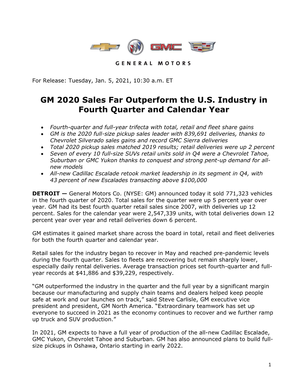 GM 2020 Sales Far Outperform the U.S. Industry in Fourth Quarter and Calendar Year