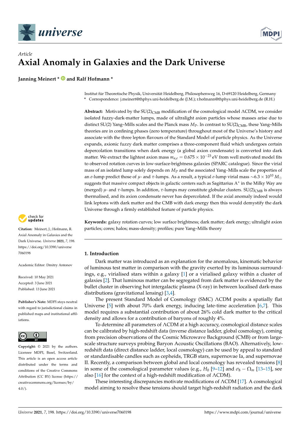 Axial Anomaly in Galaxies and the Dark Universe