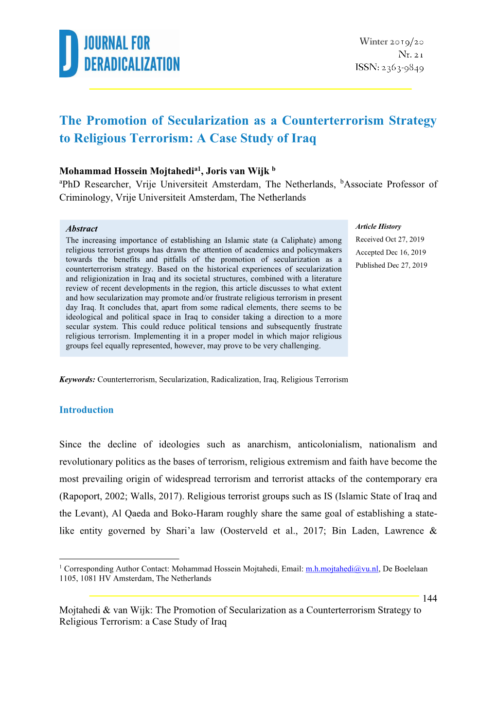 The Promotion of Secularization As a Counterterrorism Strategy to Religious Terrorism: a Case Study of Iraq