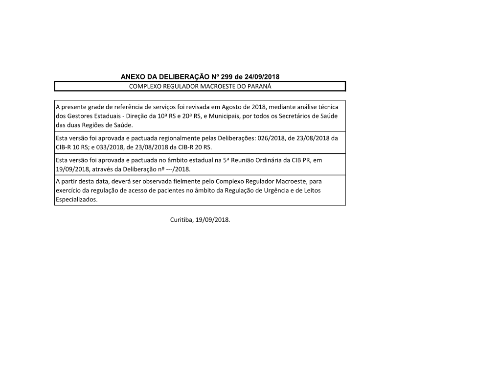 ANEXO DA DELIBERAÇÃO Nº 299 De 24/09/2018 COMPLEXO REGULADOR MACROESTE DO PARANÁ