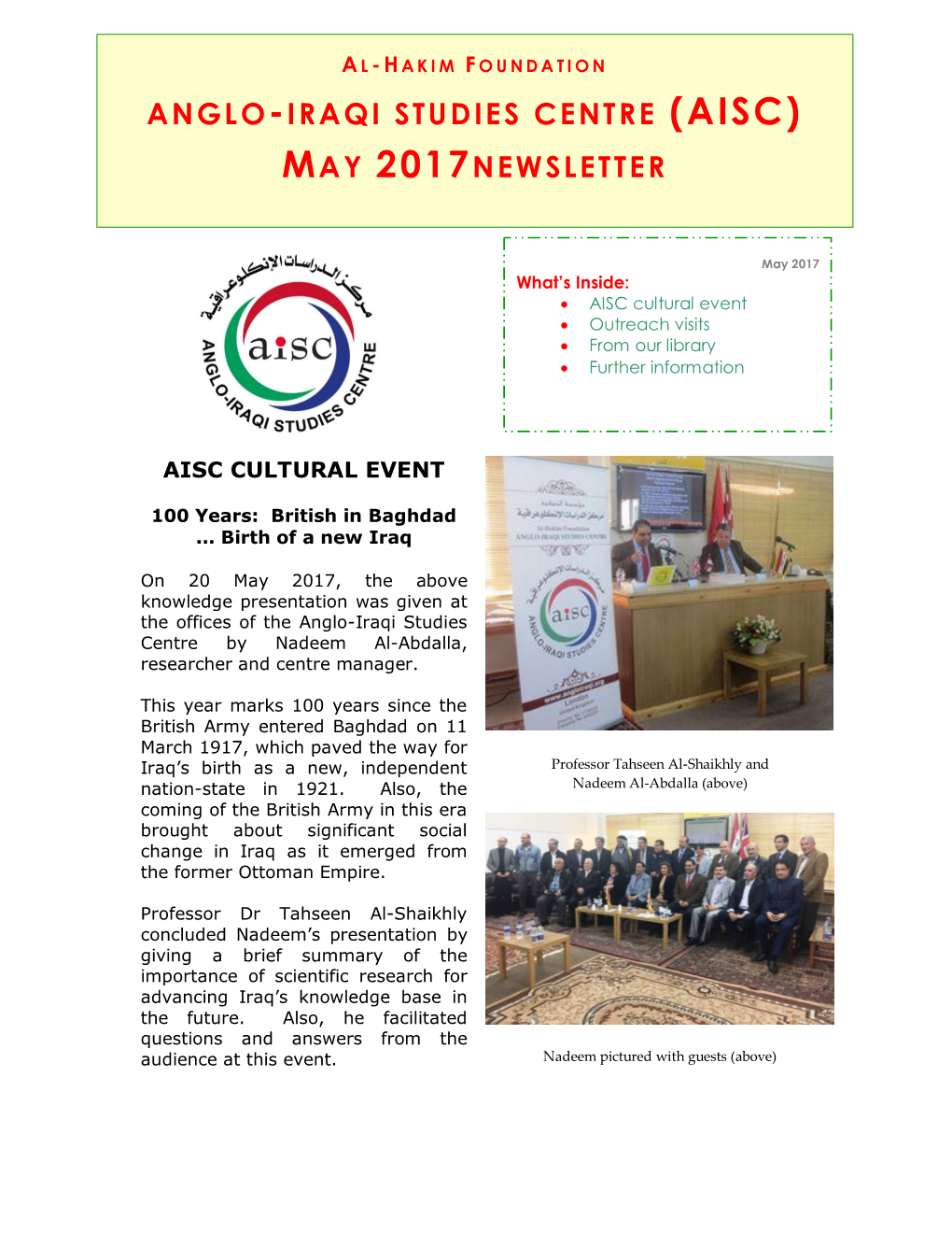 Anglo-Iraqi Studies Centre (Aisc) May 2017Newsletter