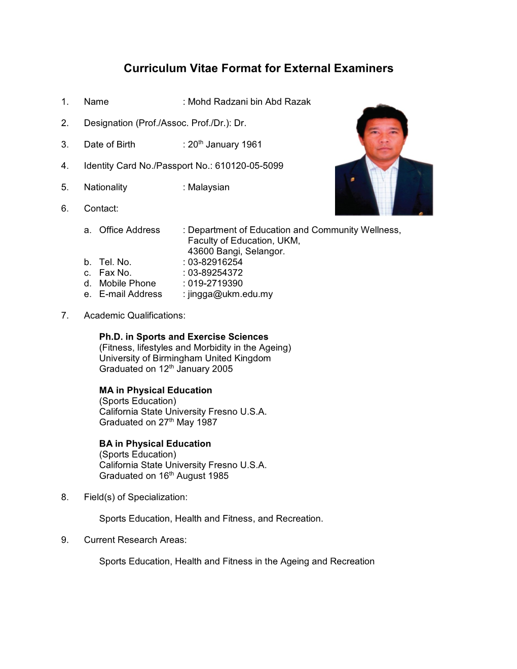 Curriculum Vitae Format for External Examiners