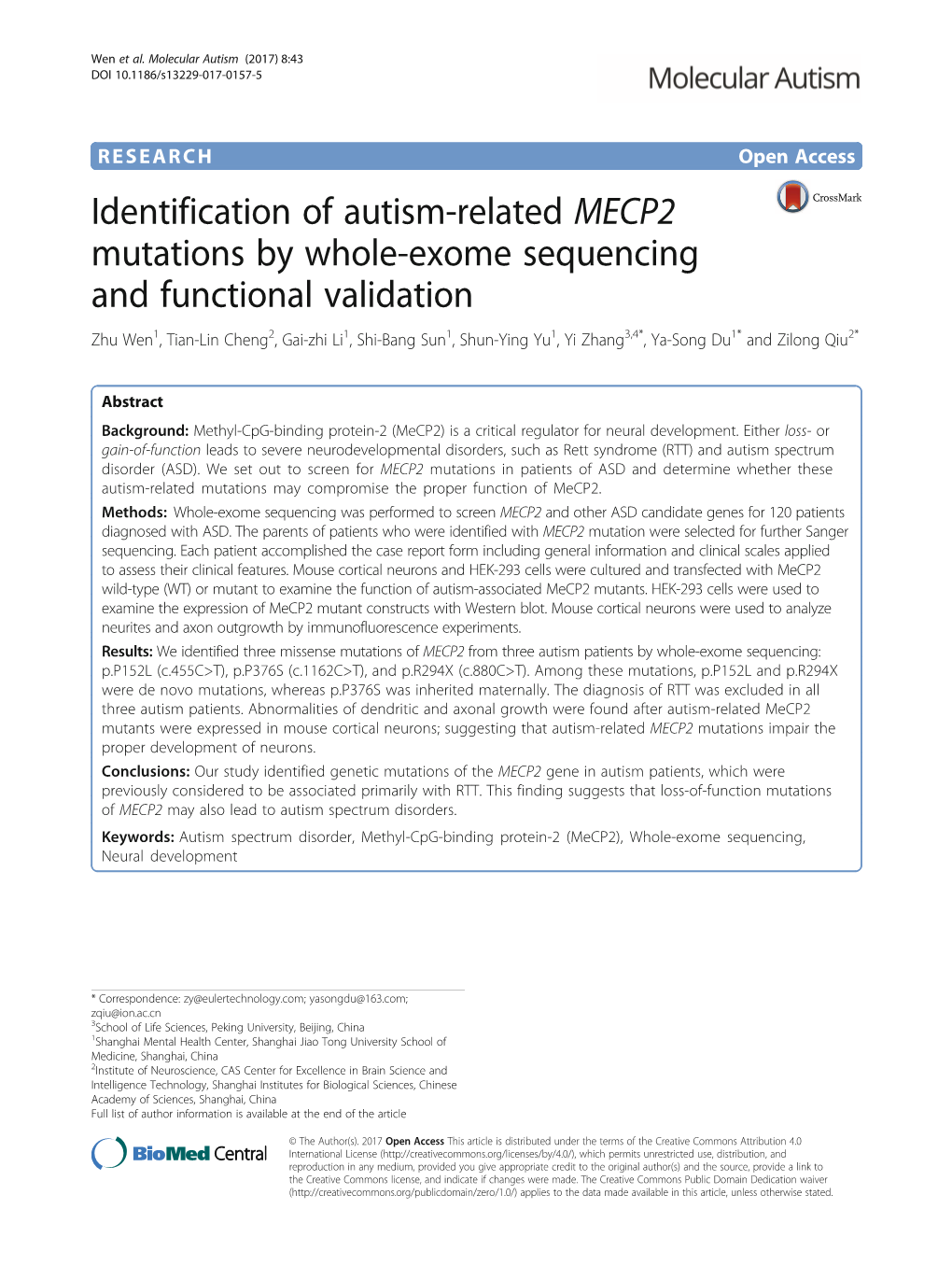 Identification of Autism-Related MECP2 Mutations by Whole-Exome