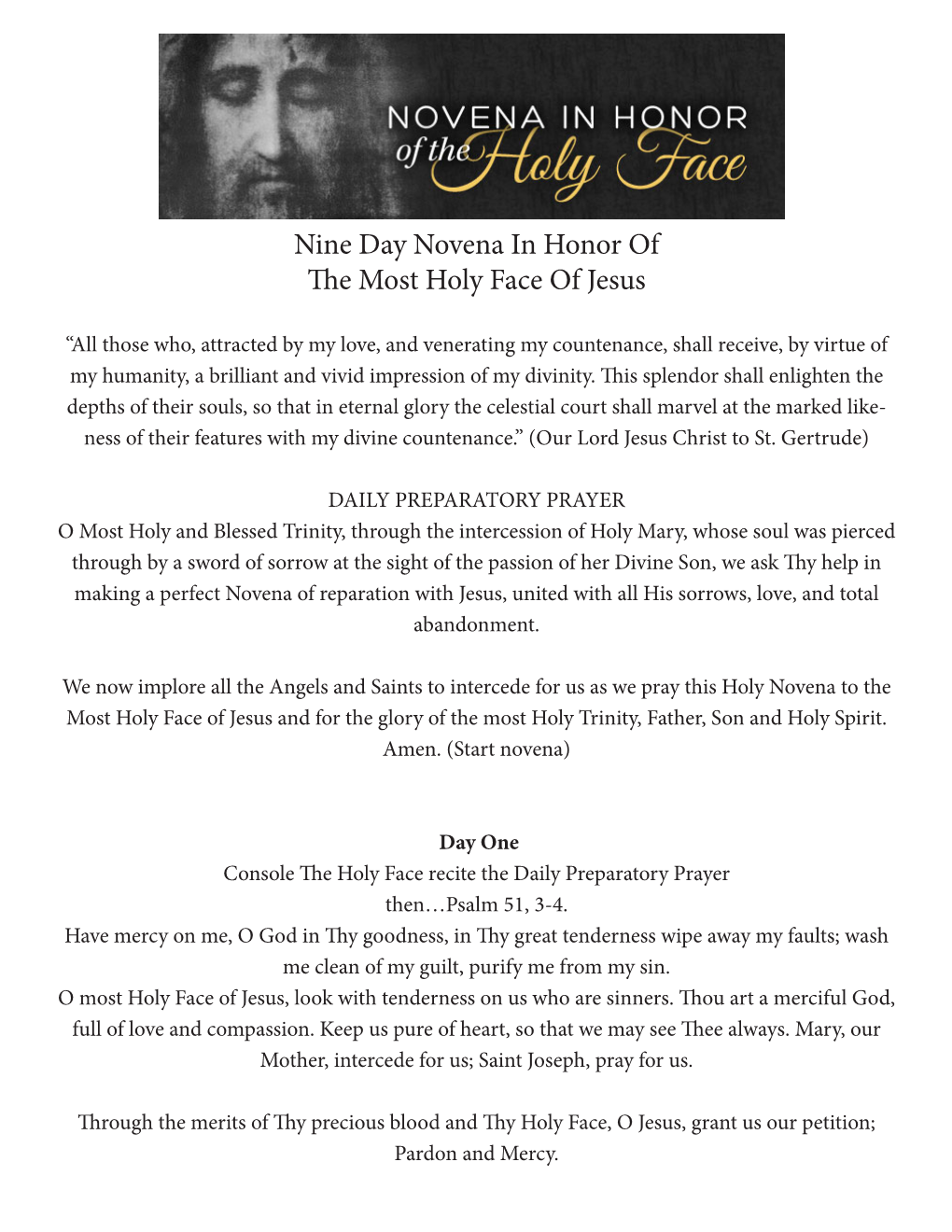 Nine Day Novena in Honor of the Most Holy Face of Jesus