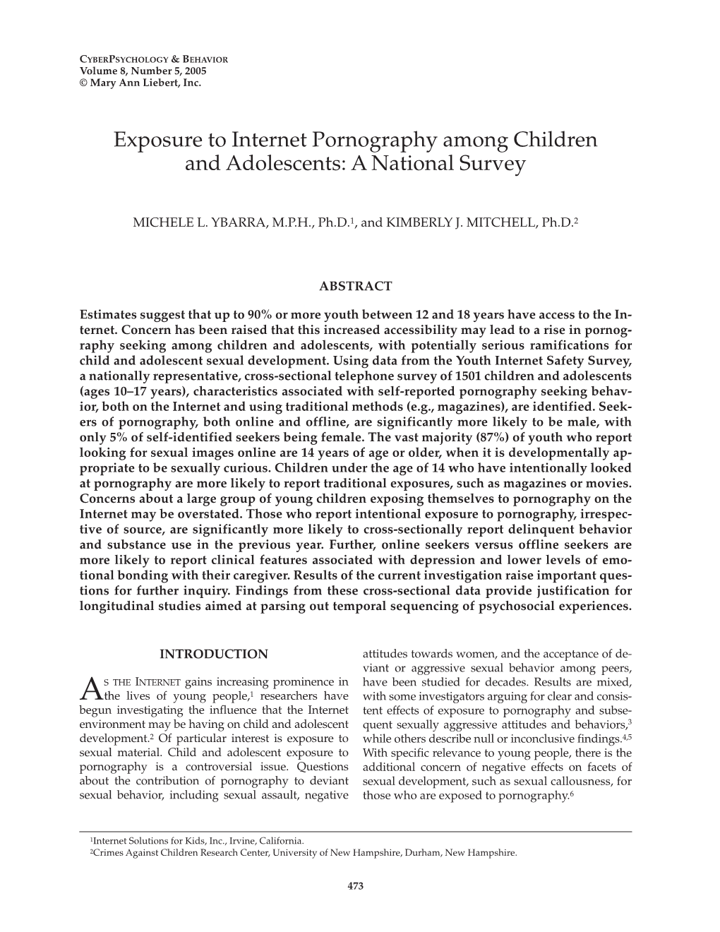 Exposure to Internet Pornography Among Children and Adolescents: a National Survey