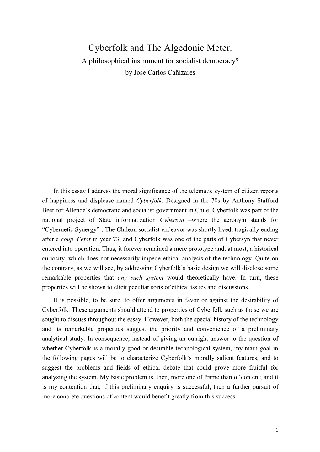 Cyberfolk and the Algedonic Meter. a Philosophical Instrument for Socialist Democracy? by Jose Carlos Cañizares