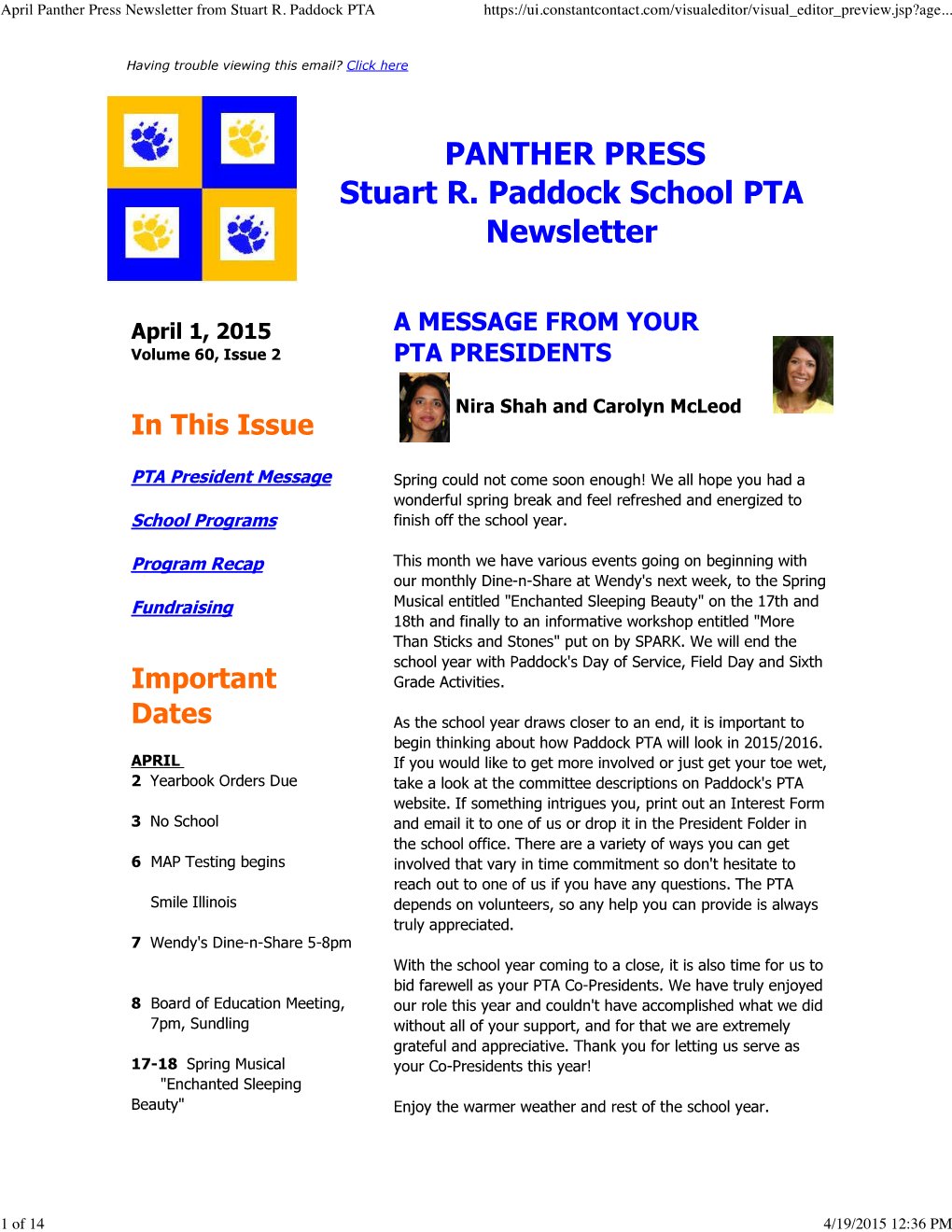 April Panther Press Newsletter from Stuart R Paddock