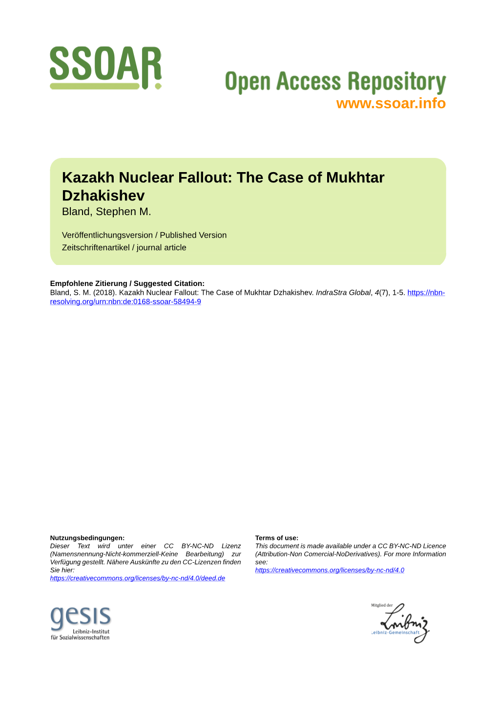 Kazakh Nuclear Fallout: the Case of Mukhtar Dzhakishev Bland, Stephen M
