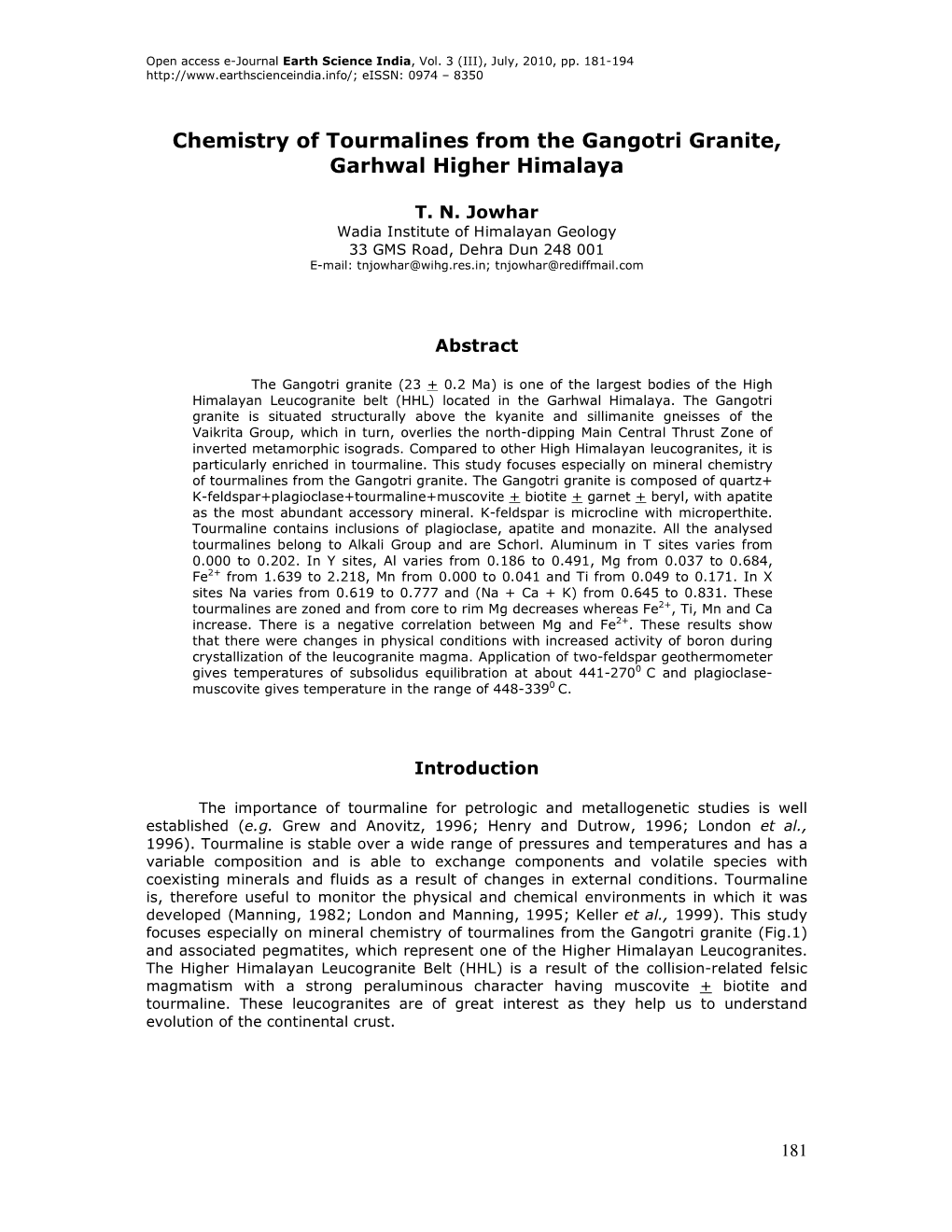 Chemistry of Tourmalines from the Gangotri Granite, Garhwal Higher Himalaya