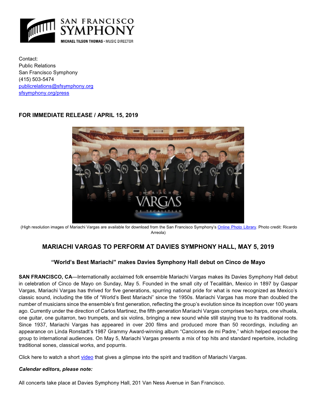 Mariachi Vargas to Perform at Davies Symphony Hall, May 5, 2019