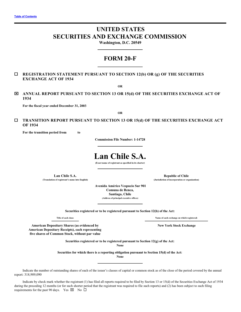 Lan Chile S.A. (Exact Name of Registrant As Specified in Its Charter)