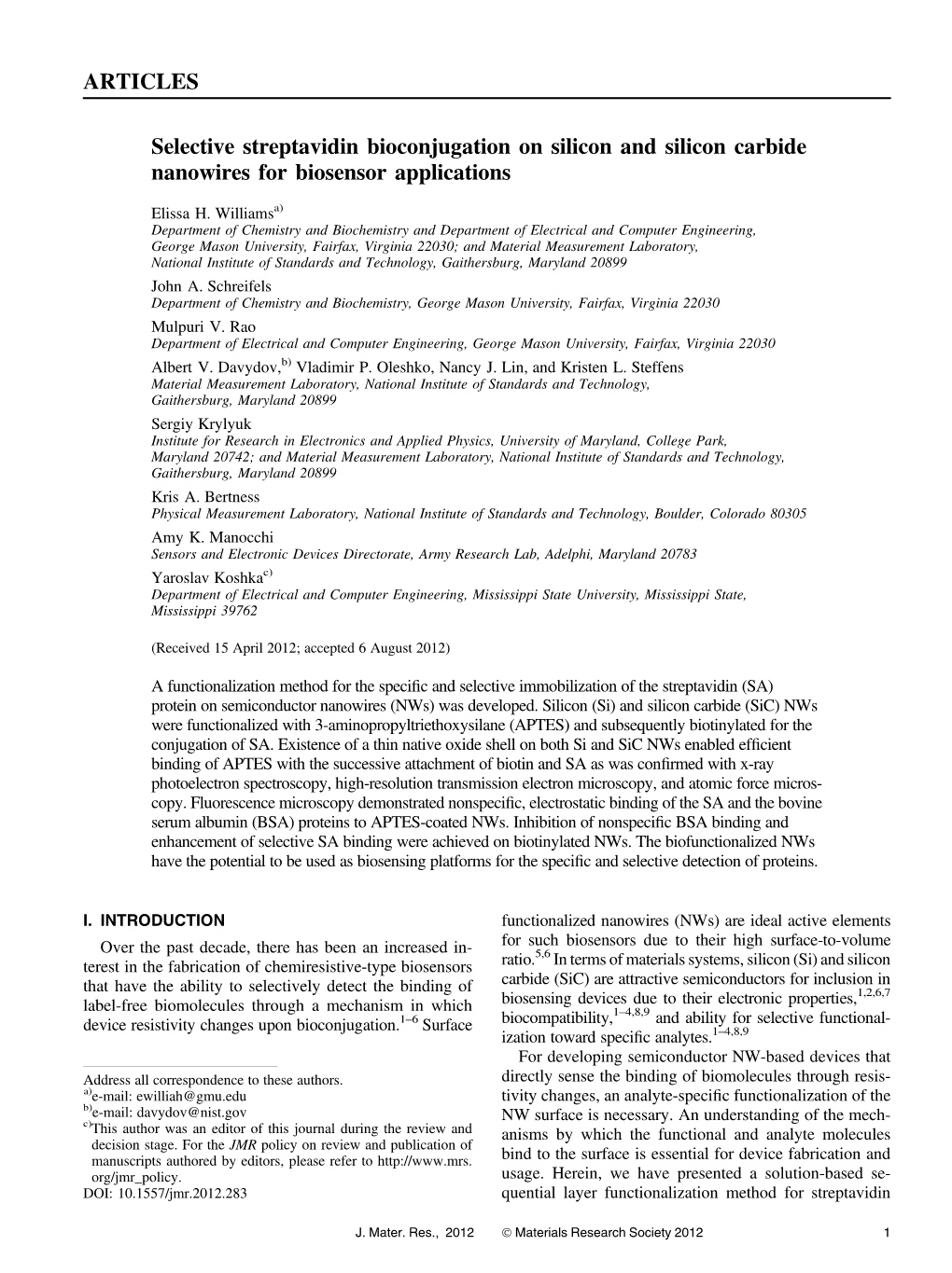 ARTICLES Selective Streptavidin Bioconjugation on Silicon And