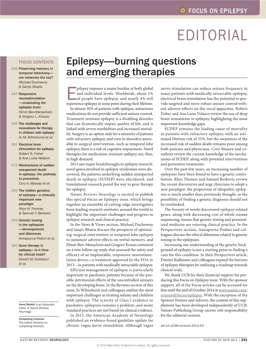 Epilepsy—Burning Questions and Emerging Therapies