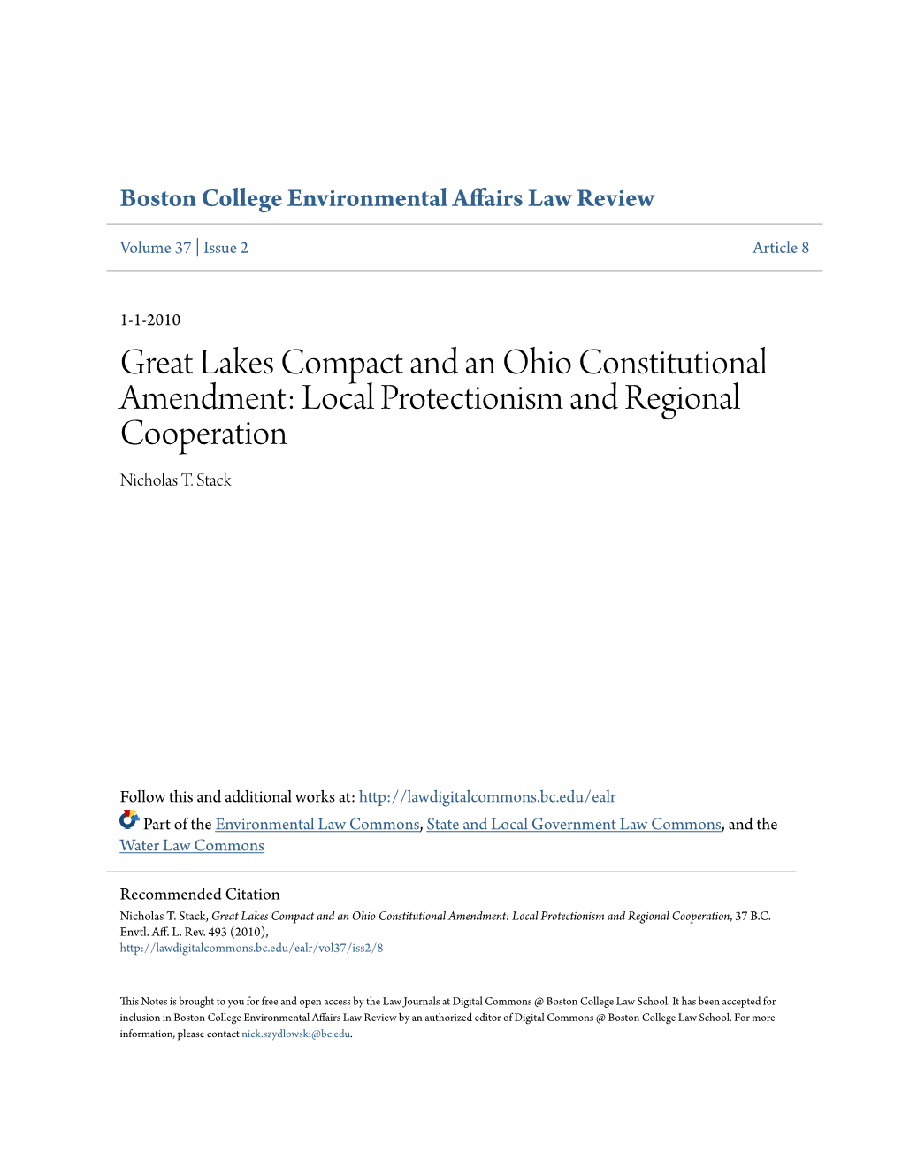 Great Lakes Compact and an Ohio Constitutional Amendment: Local Protectionism and Regional Cooperation Nicholas T