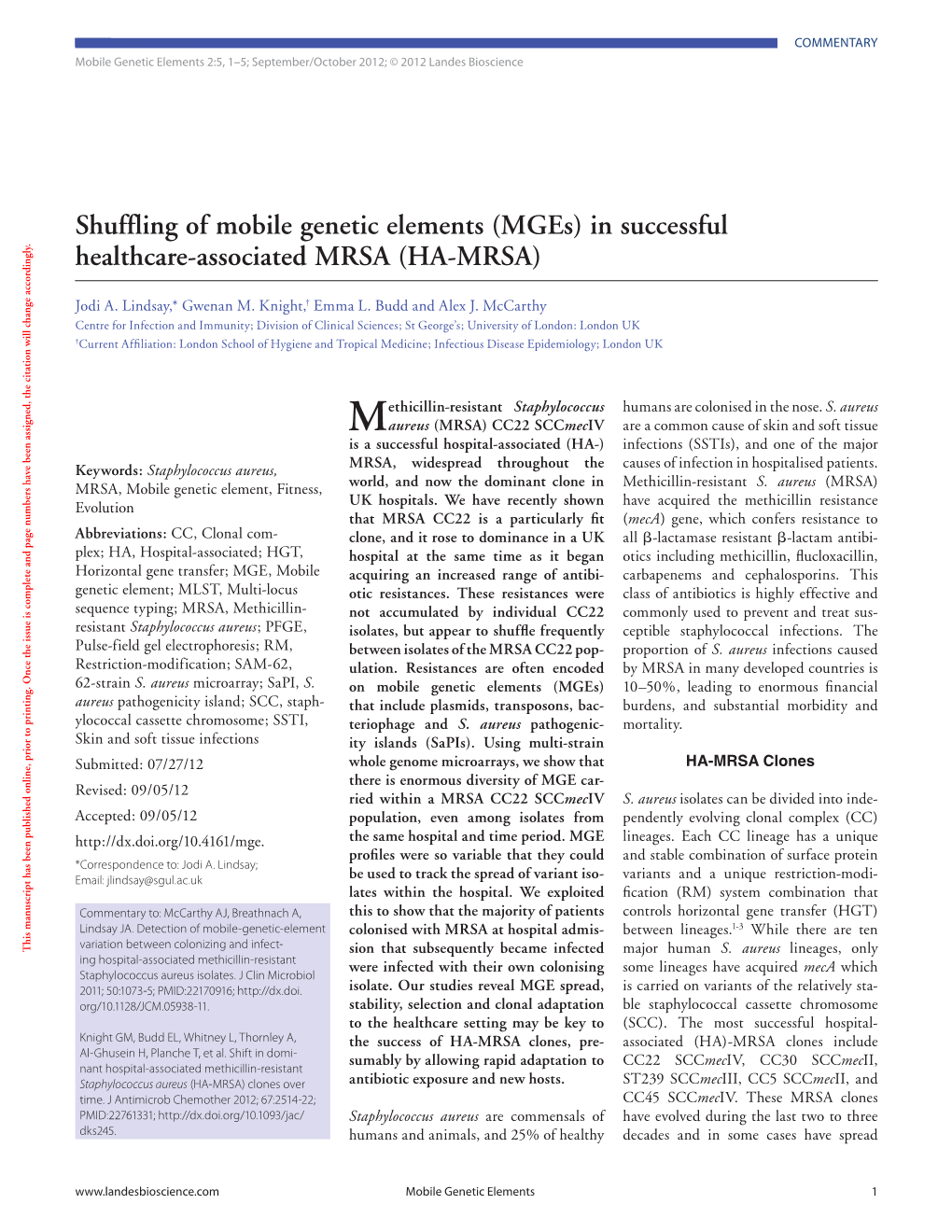 Shuffling of Mobile Genetic Elements (Mges) in Successful Healthcare-Associated MRSA (HA-MRSA)