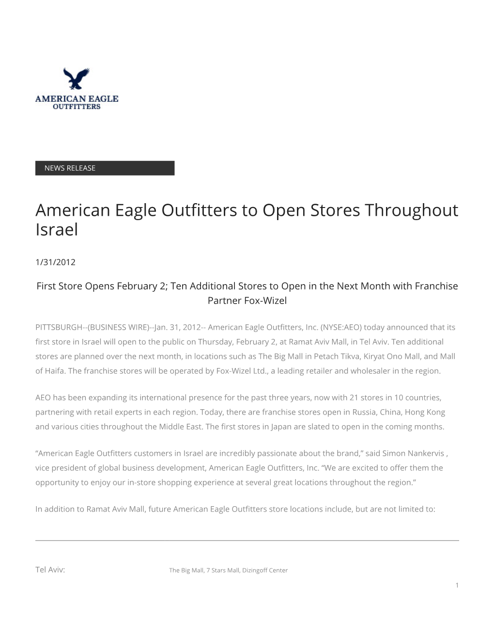 American Eagle Outfitters to Open Stores Throughout Israel