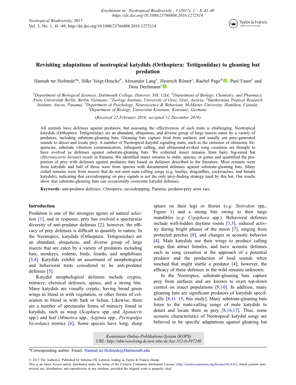 Revisiting Adaptations of Neotropical Katydids (Orthoptera: Tettigoniidae) to Gleaning Bat Predation