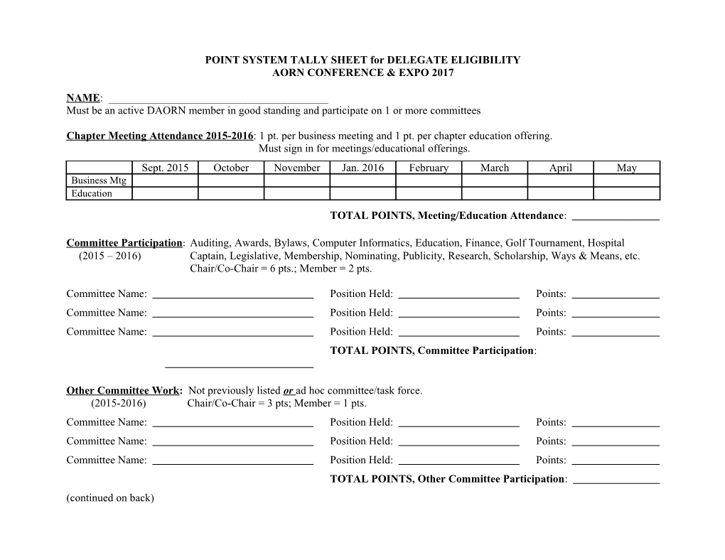 POINT SYSTEM TALLY SHEET for DELEGATE ELIGIBILITY