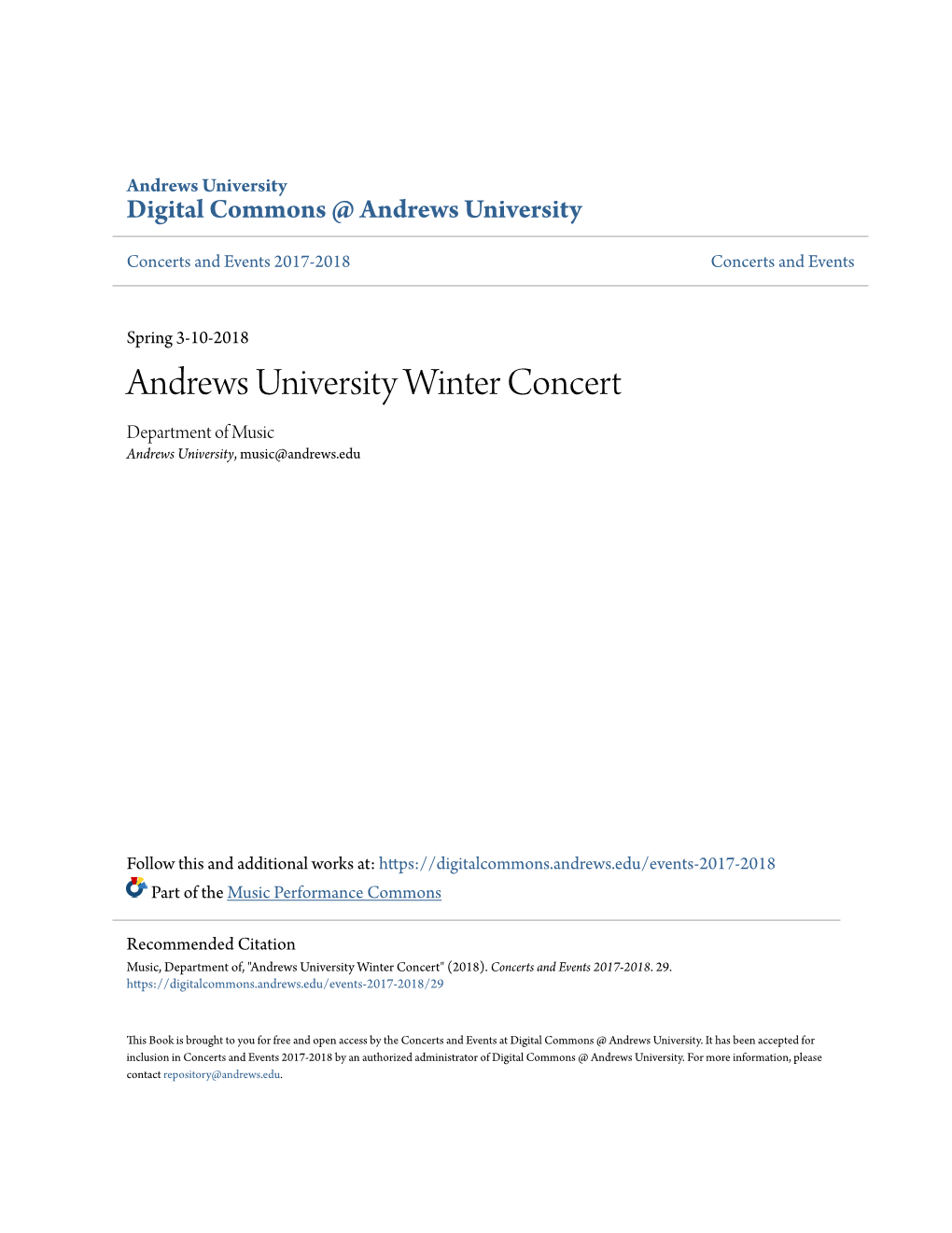 Andrews University Winter Concert Department of Music Andrews University, Music@Andrews.Edu