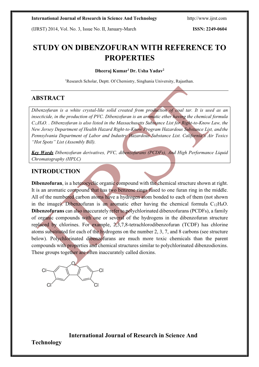 Study on Dibenzofuran with Reference to Properties