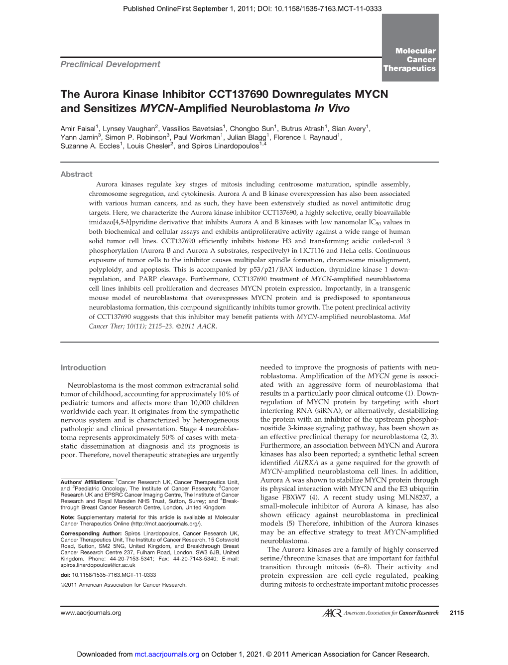 The Aurora Kinase Inhibitor CCT137690 Downregulates MYCN and Sensitizes MYCN-Amplified Neuroblastoma in Vivo