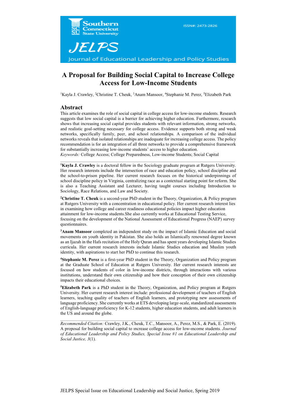 A Proposal for Building Social Capital to Increase College Access for Low-Income Students