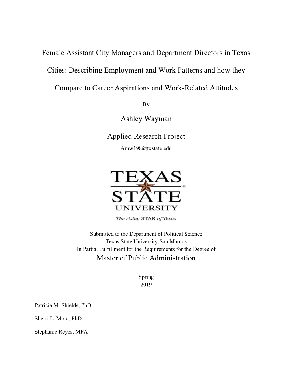 Female Assistant City Managers and Department Directors in Texas Cities
