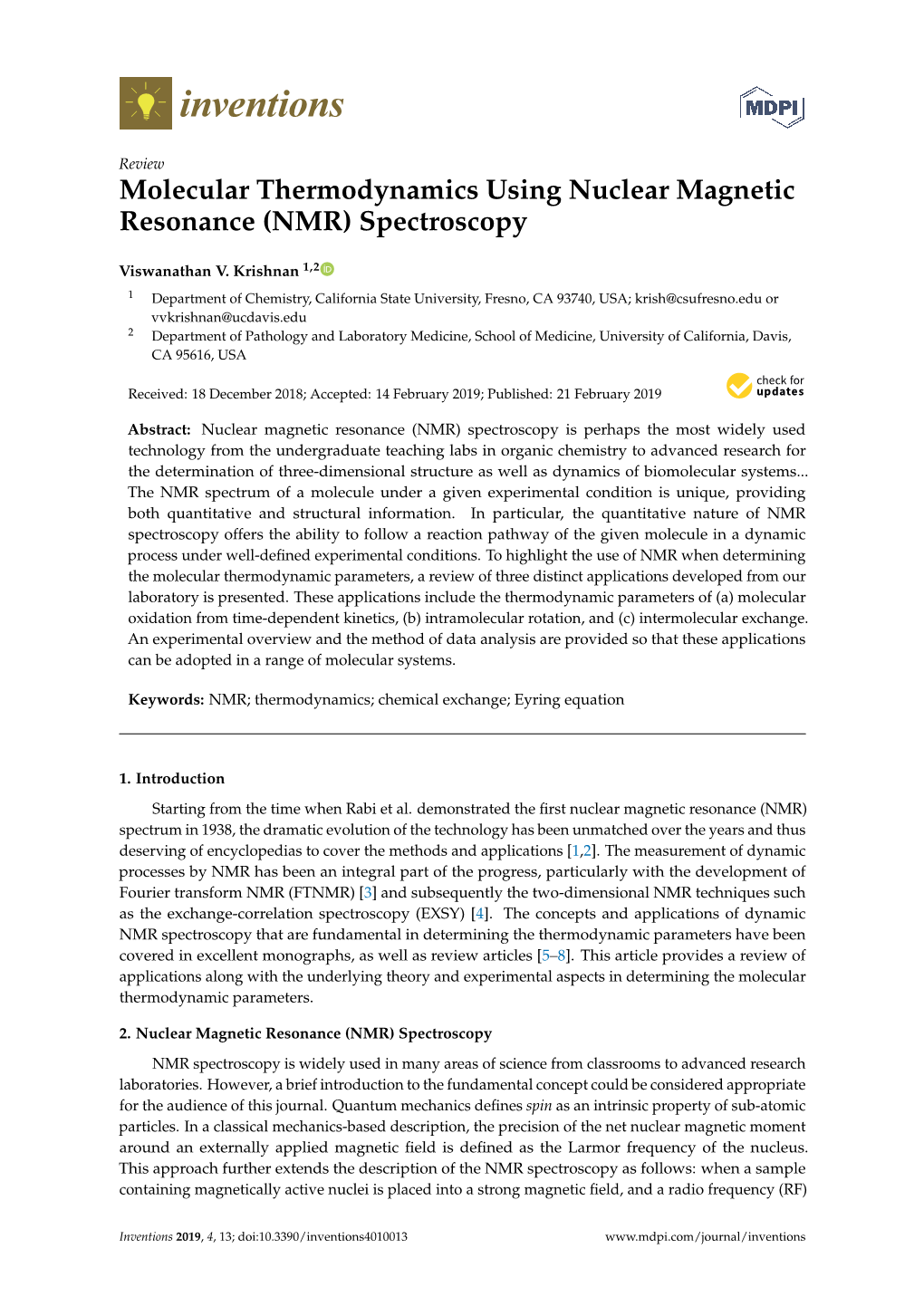 Molecular Thermodynamics Using Nuclear Magnetic Resonance (NMR) Spectroscopy