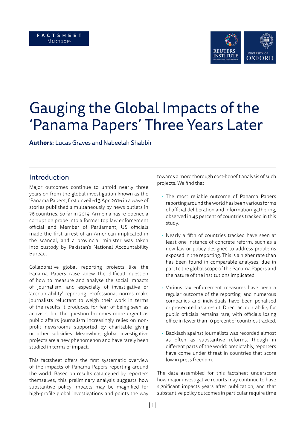 Panama Papers’ Three Years Later Authors: Lucas Graves and Nabeelah Shabbir