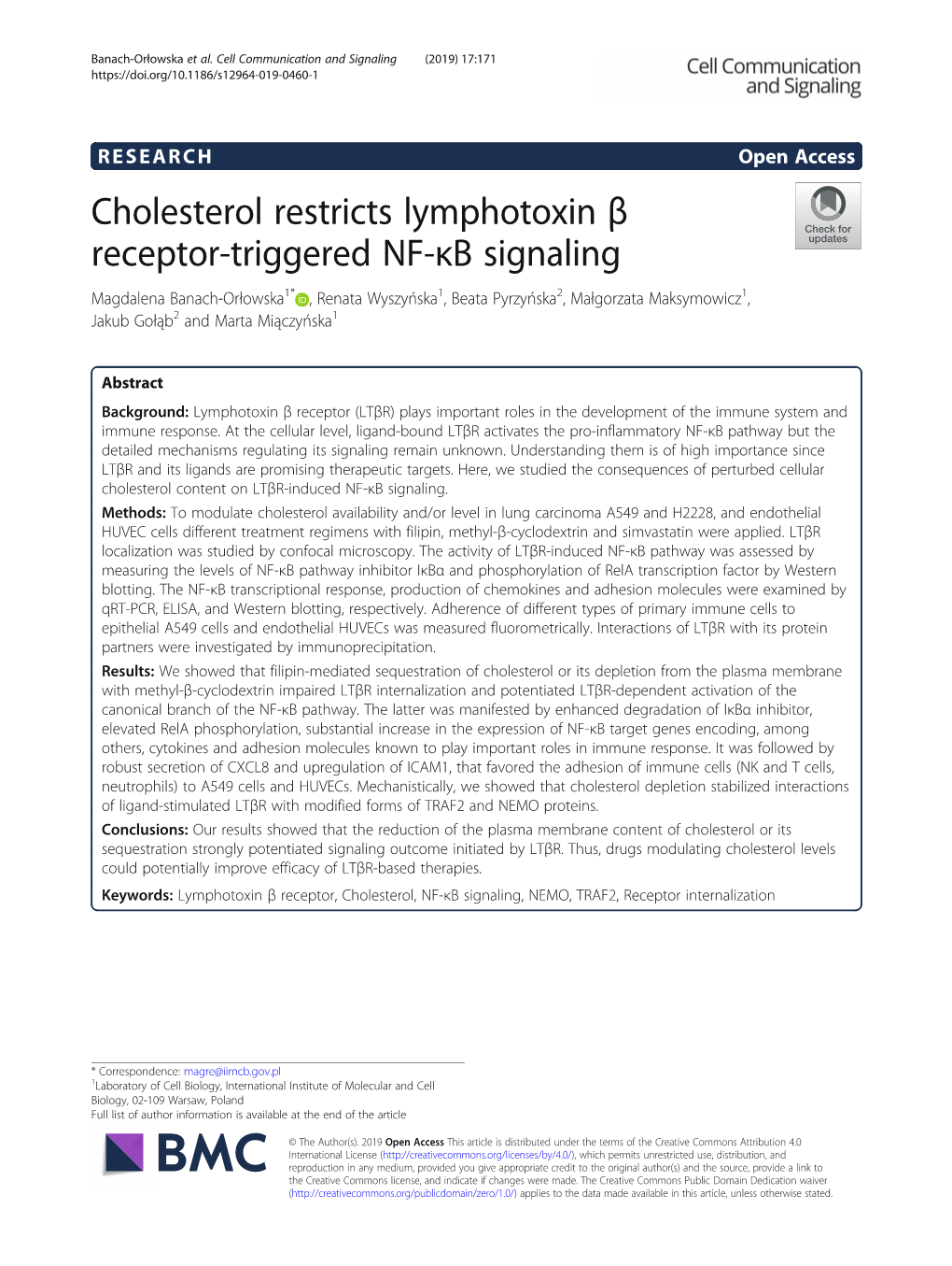 Cholesterol Restricts Lymphotoxin Β Receptor-Triggered NF-Κb Signaling