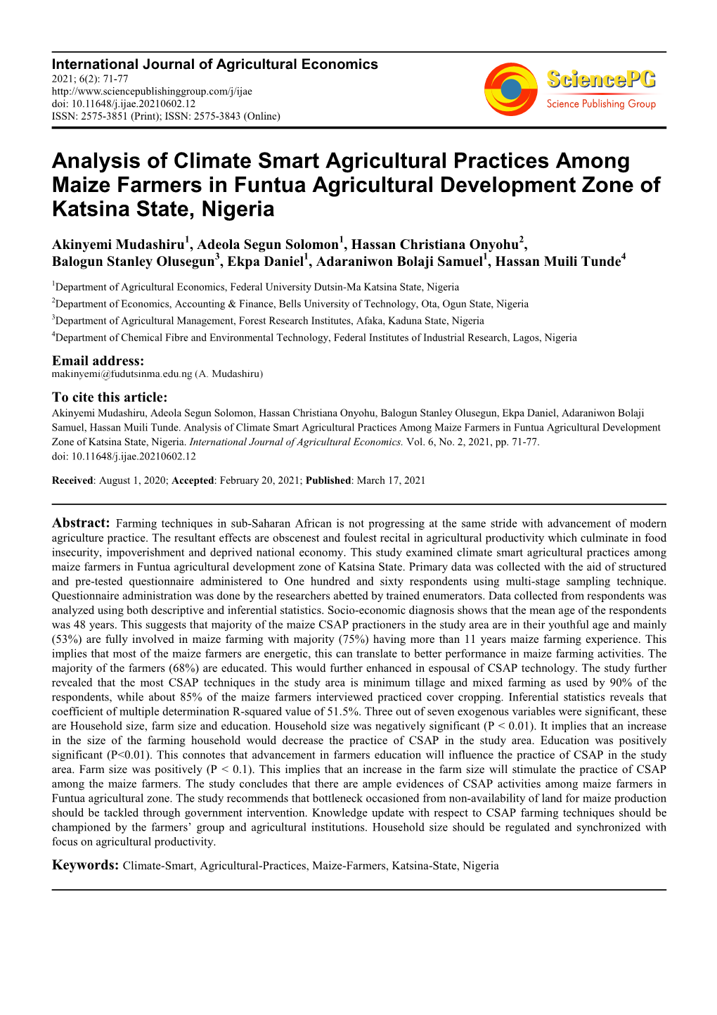 Analysis of Climate Smart Agricultural Practices Among Maize Farmers in Funtua Agricultural Development Zone of Katsina State, Nigeria