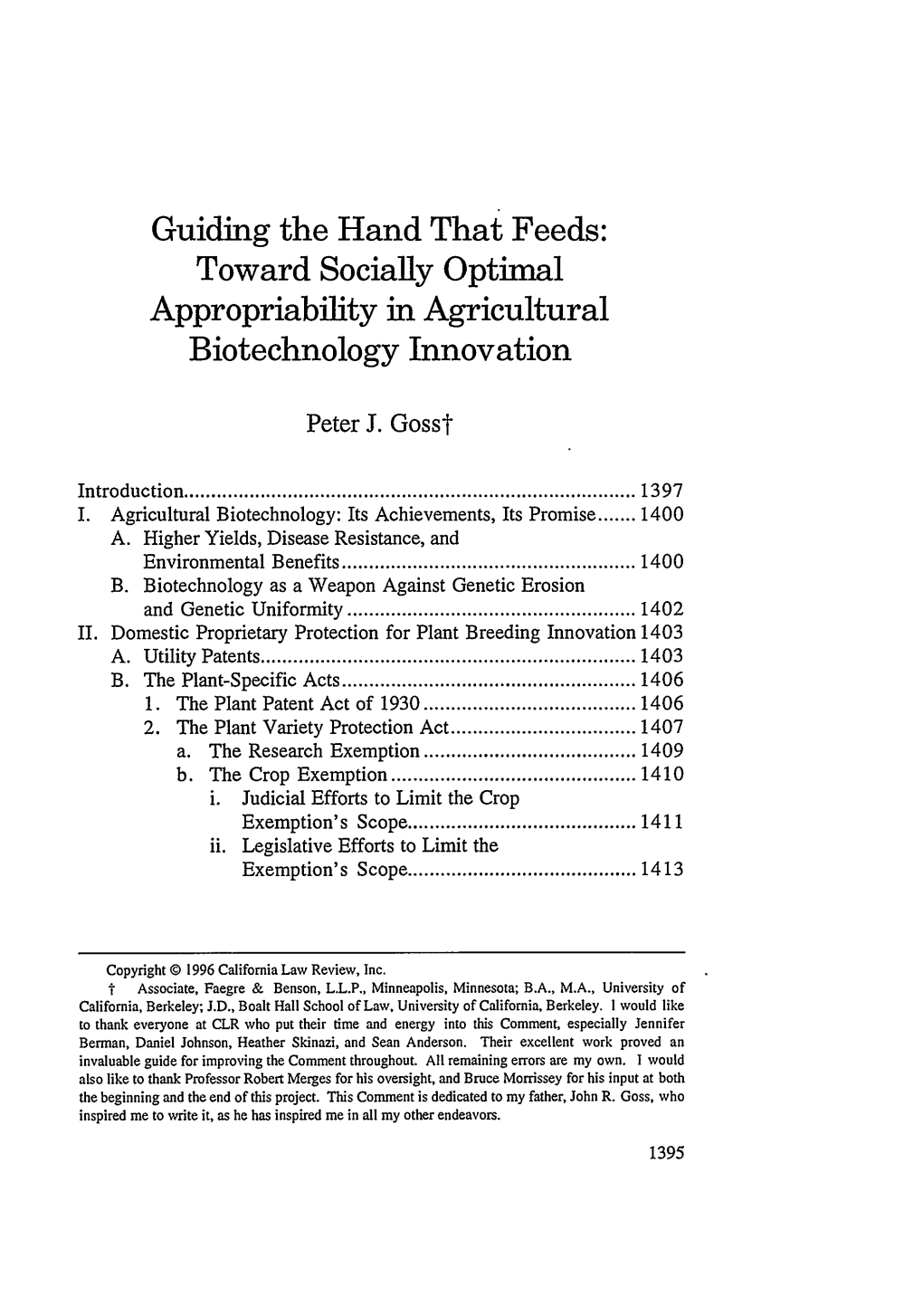 Guiding the Hand That Feeds: Toward Socially Optimal Appropriability in Agricultural Biotechnology Innovation