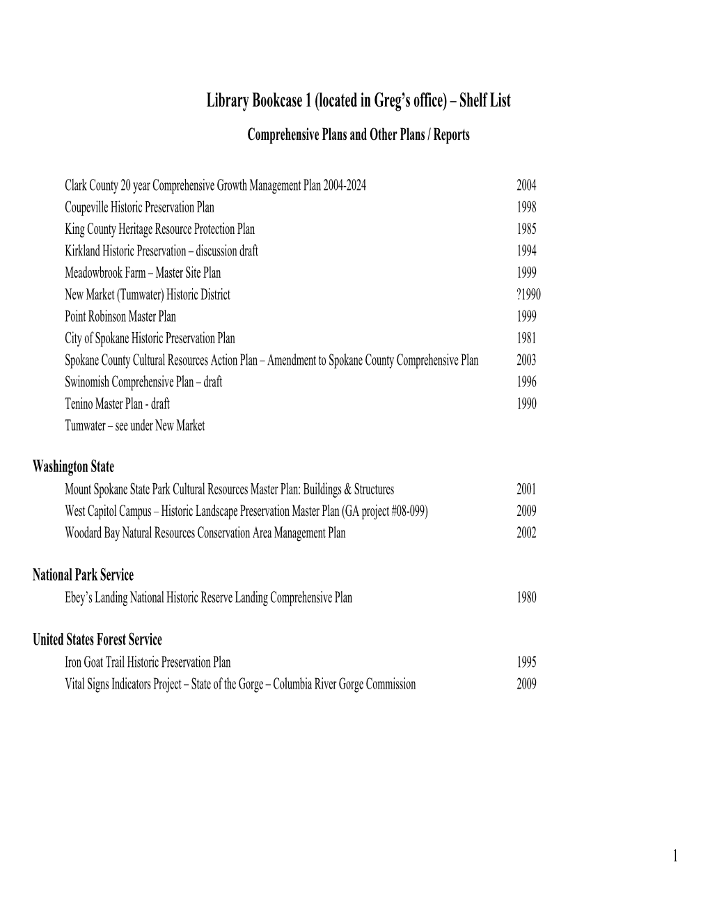 Library Bookcase 1 (Located in Greg’S Office) – Shelf List Comprehensive Plans and Other Plans / Reports