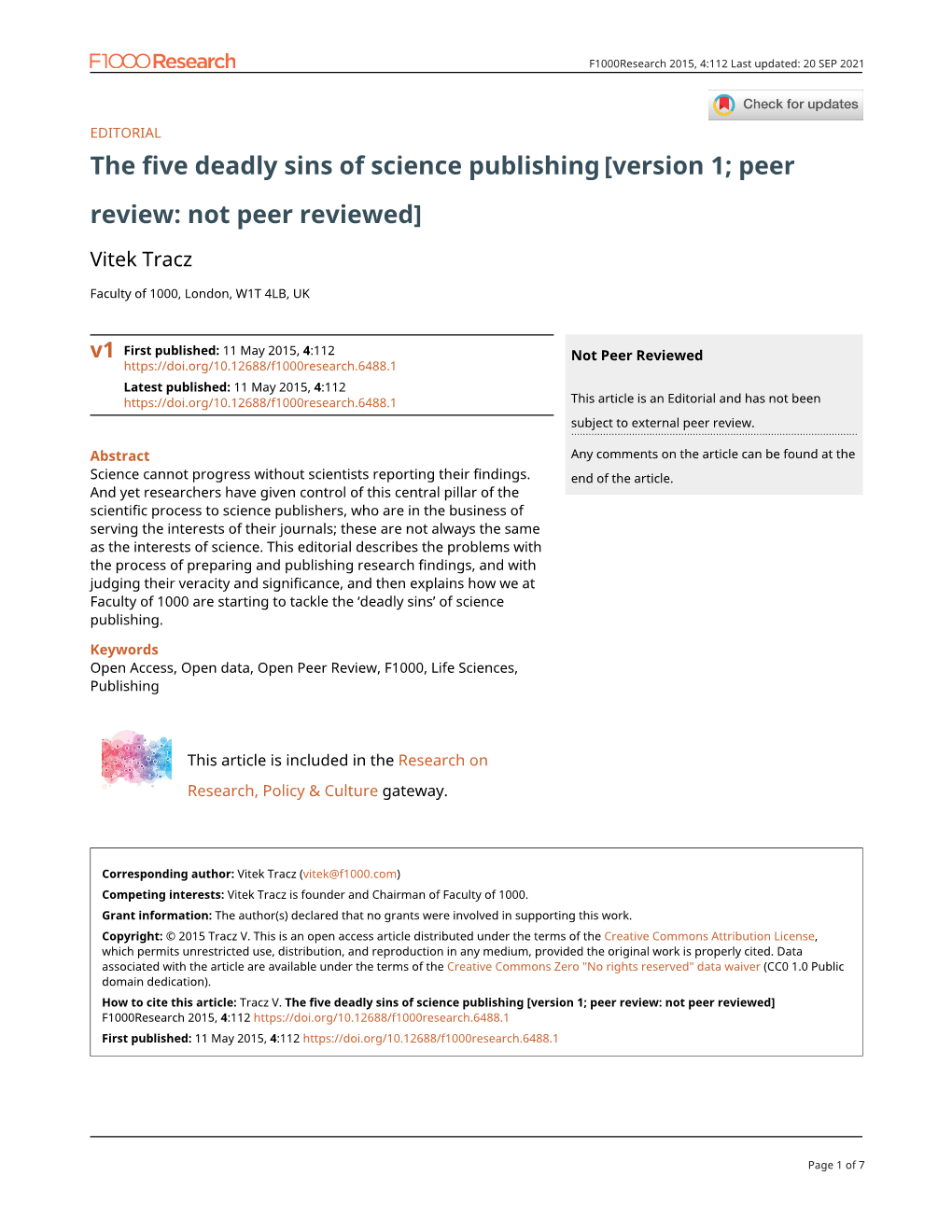 The Five Deadly Sins of Science Publishing[Version 1; Peer Review