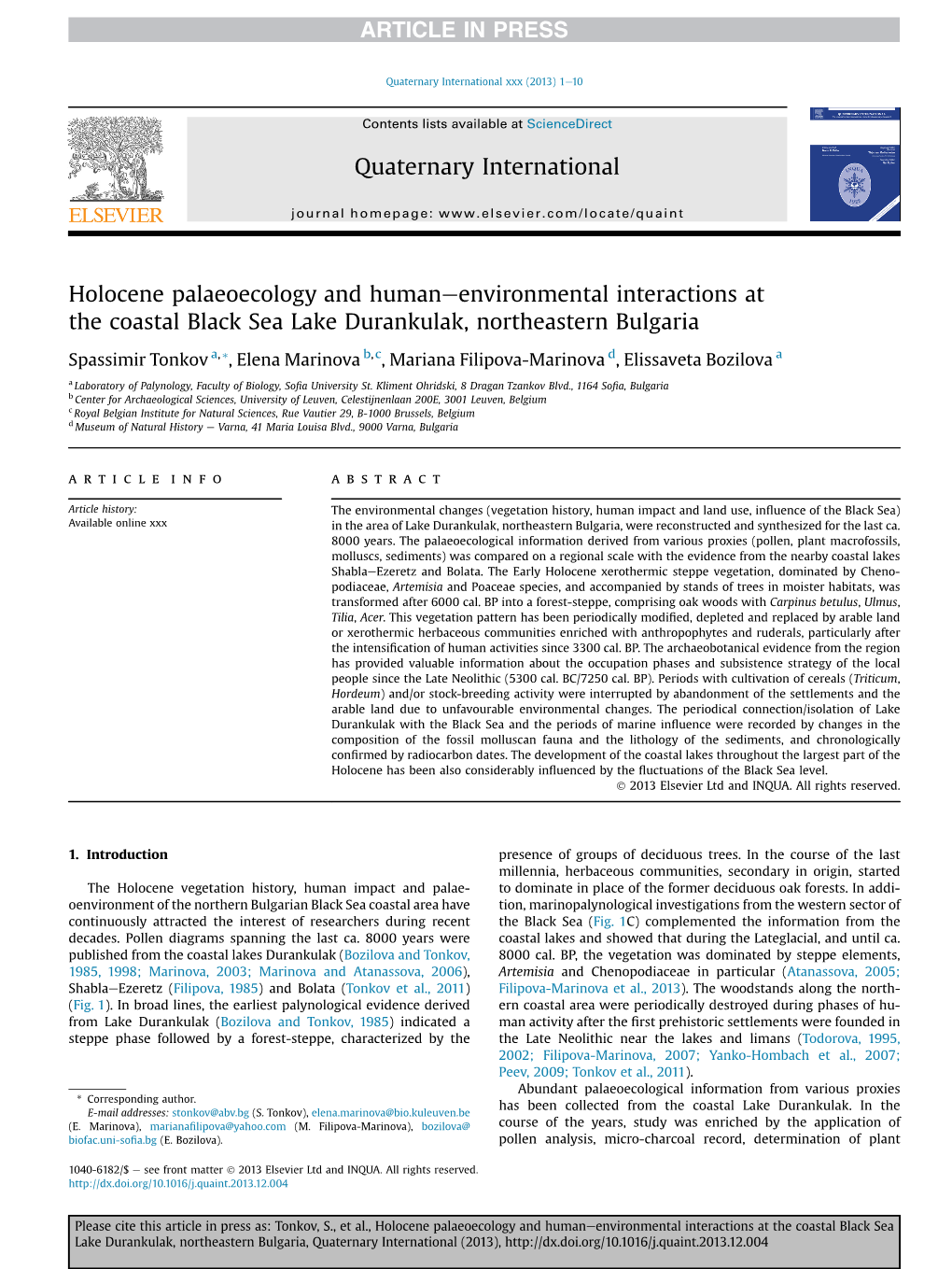 Holocene Palaeoecology and Human-Environmental Interactions at the Coastal Black Sea Lake Durankulak, Northeastern Bulgaria