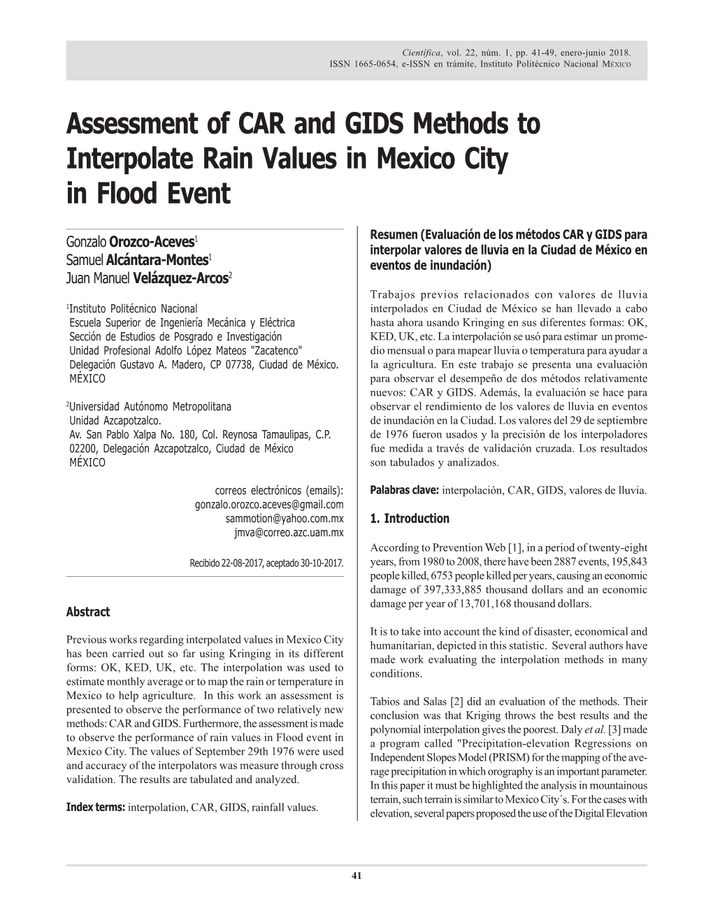 Assessment of CAR and GIDS Methods to Interpolate Rain Values Científica, Vol